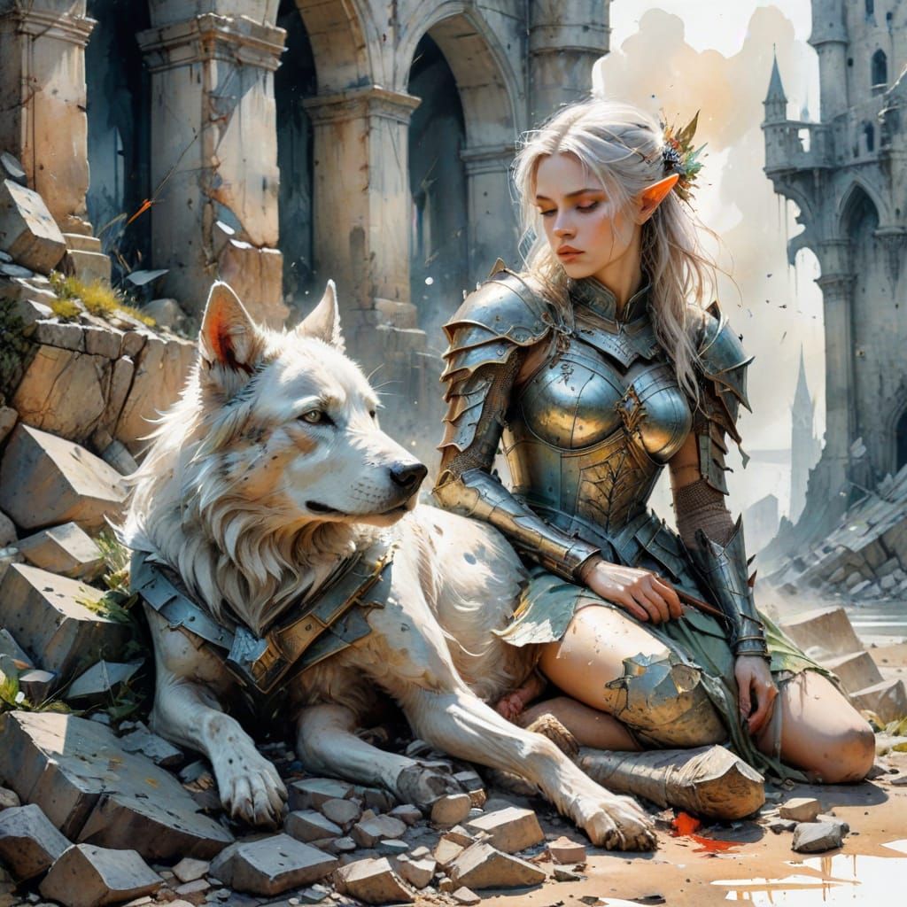 Elf Tends Wounded Wolf in Ruined Fortress