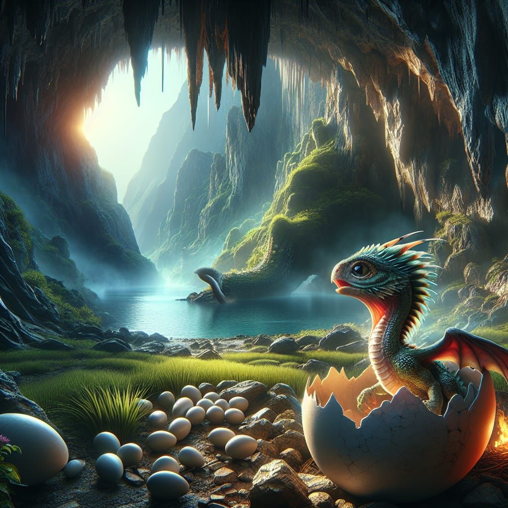 Baby Dragon Hatching in a Detailed Cave