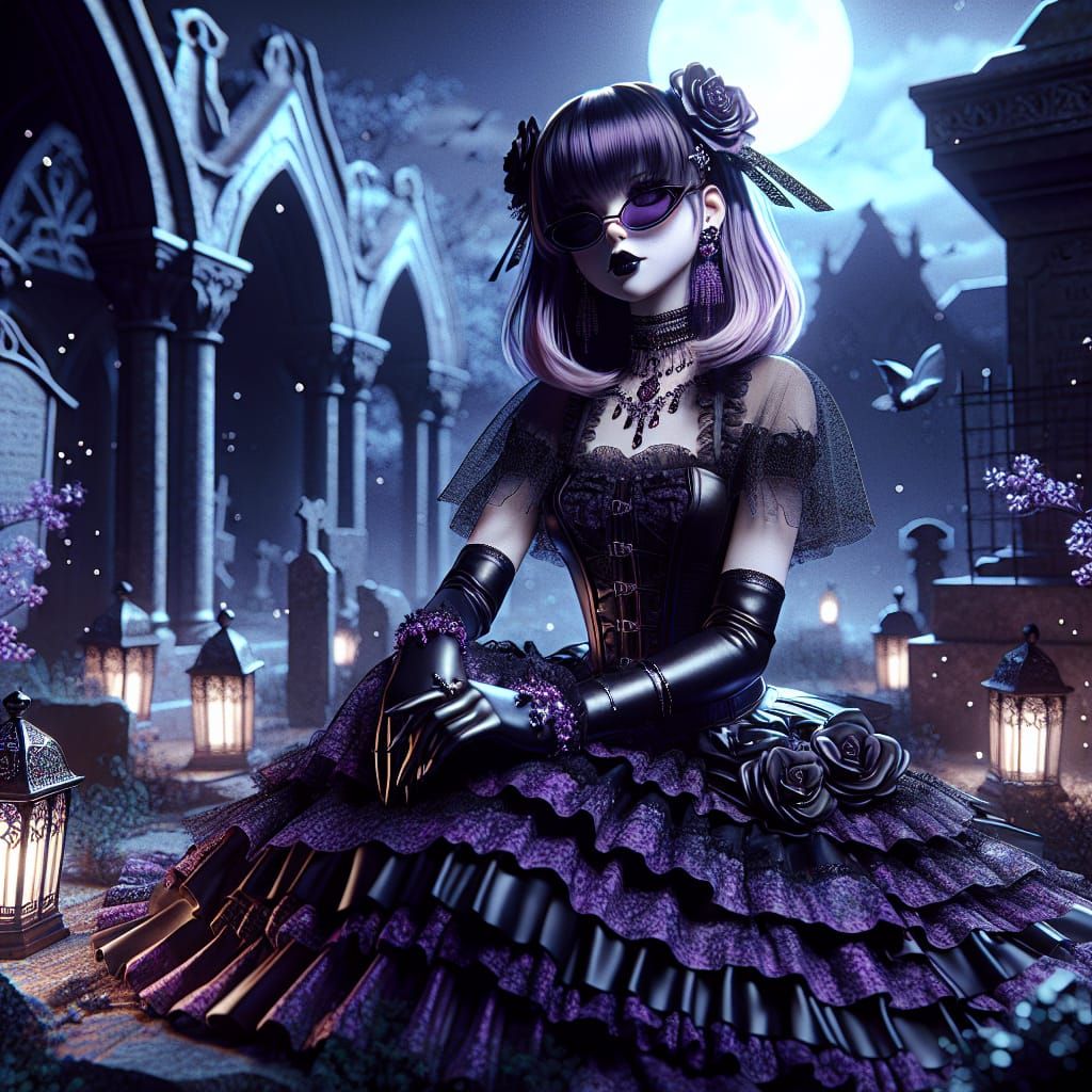 Kawaii Goth Girl in Graveyard, Digital Anime Art