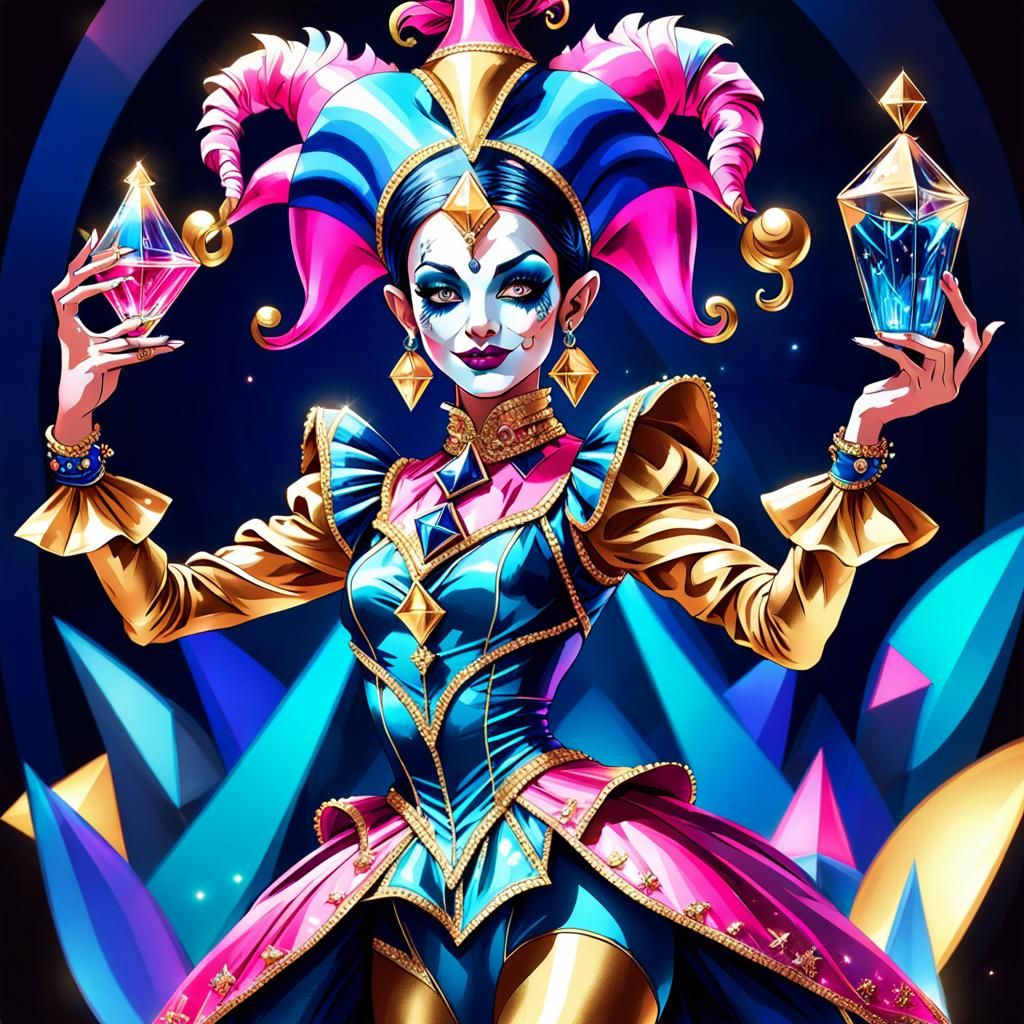 Neon Dancer Pyramid Held by Jester, Cel-Shaded Art