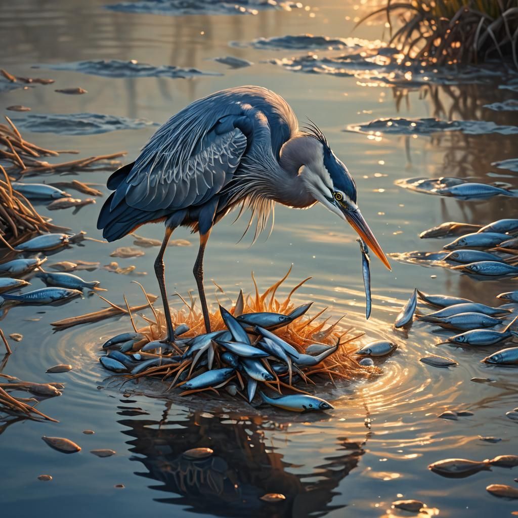 Blue Heron's Seaside Feast: A Digital Painting