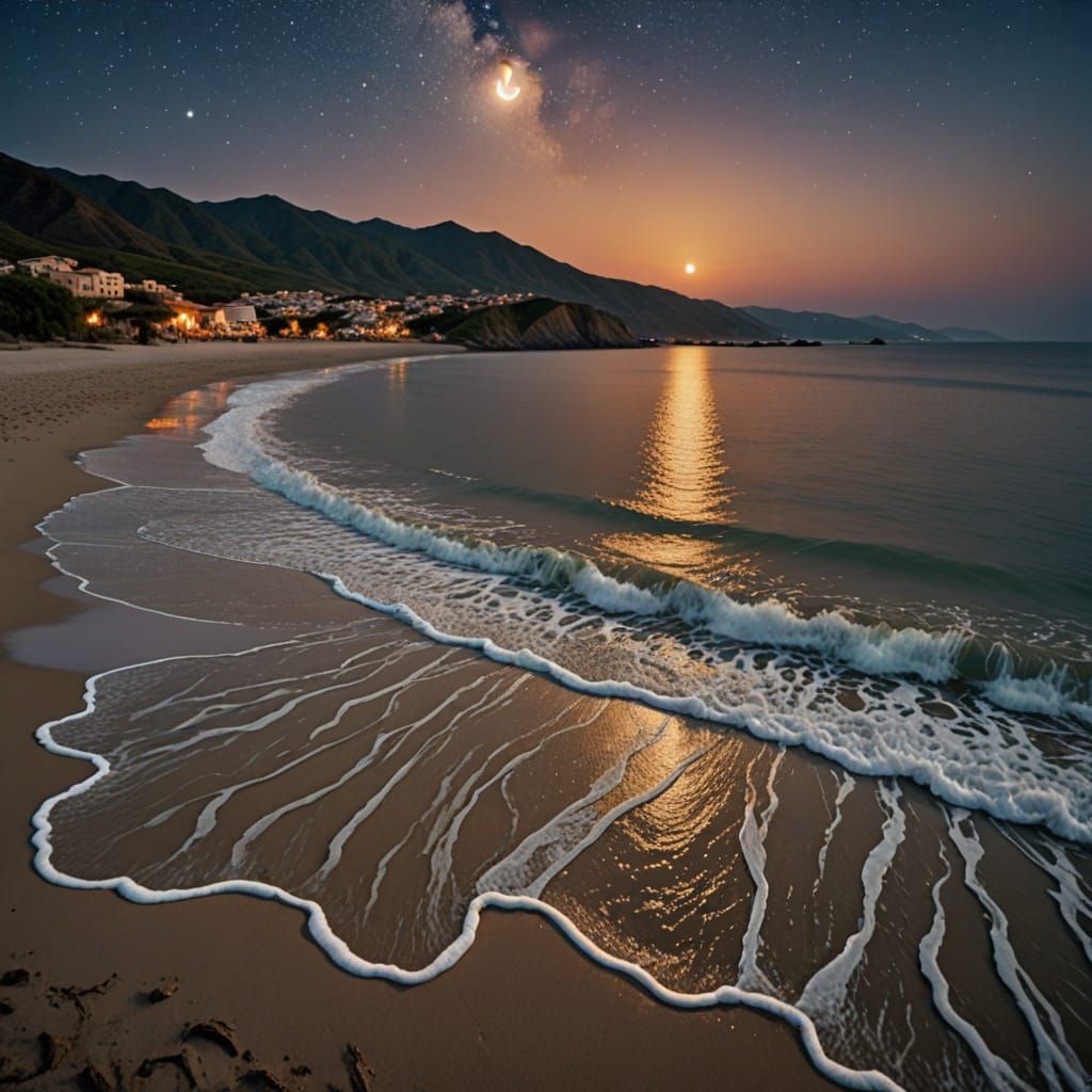 Enchanting Moonlit Beach Scene with Distant Fire