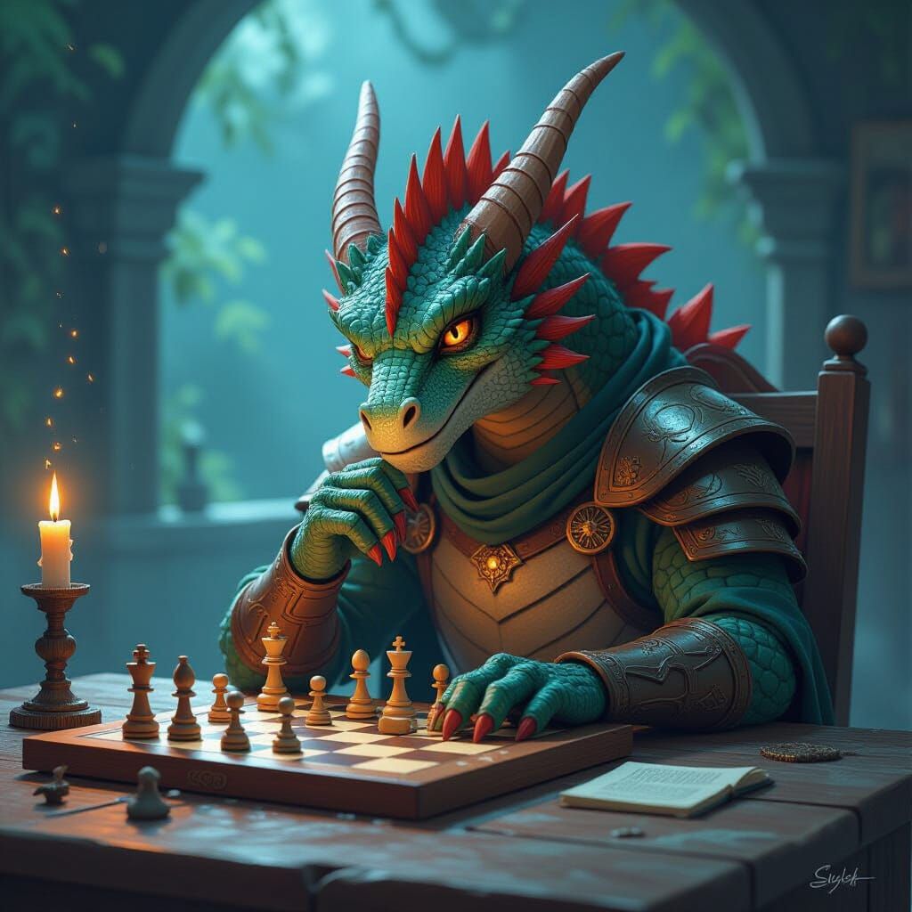 Dragon Deep in Thought at Chessboard, Digital Painting