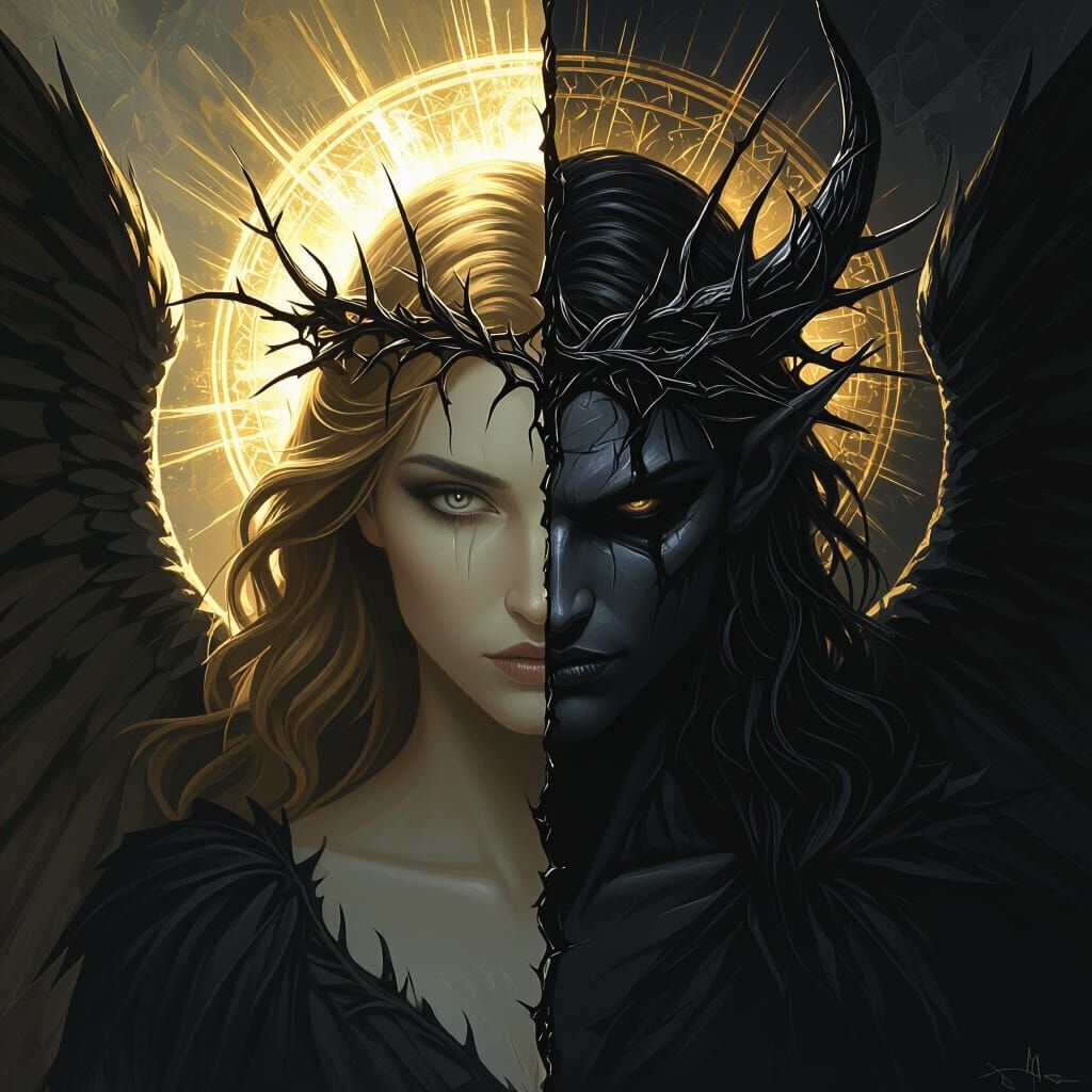 Dual Nature: Angel and Demon Portrait in Dark Fantasy Style