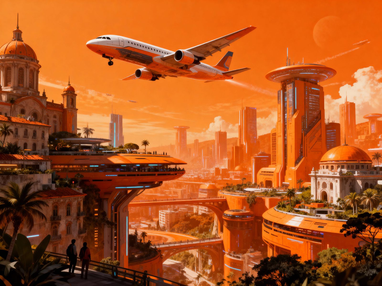 Vibrant Retrofuturistic Cityscape in Orange Hues