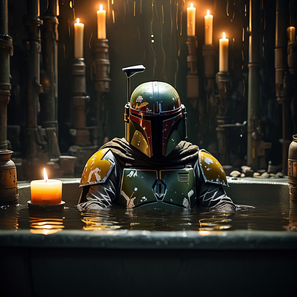 Boba Fett in a Dimly Lit, Candlelit Bath Scene