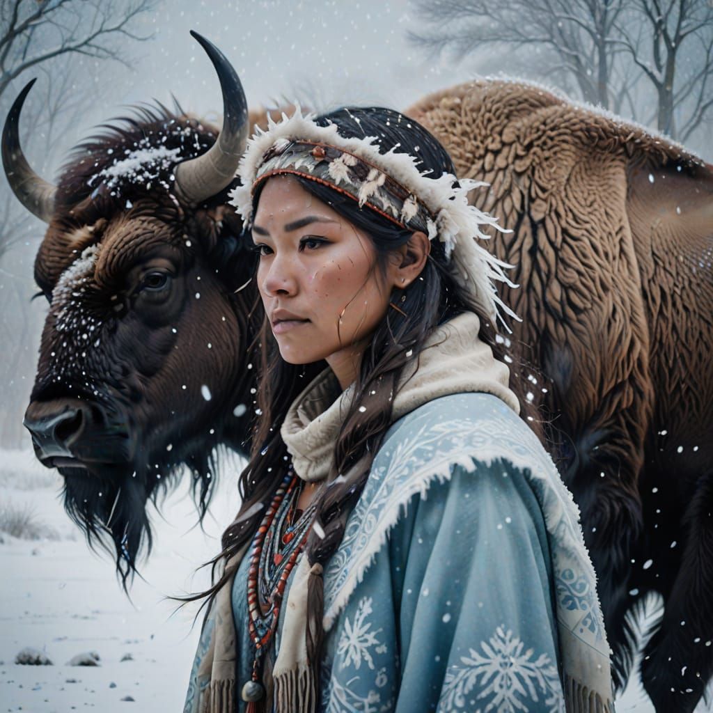 Spectral Native Woman and Spirit Bison in Blizzard