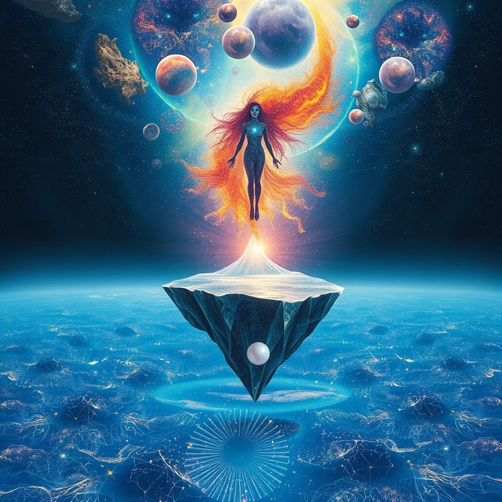 Celestial Stardust Being on Crystal Island in Cosmic Ocean