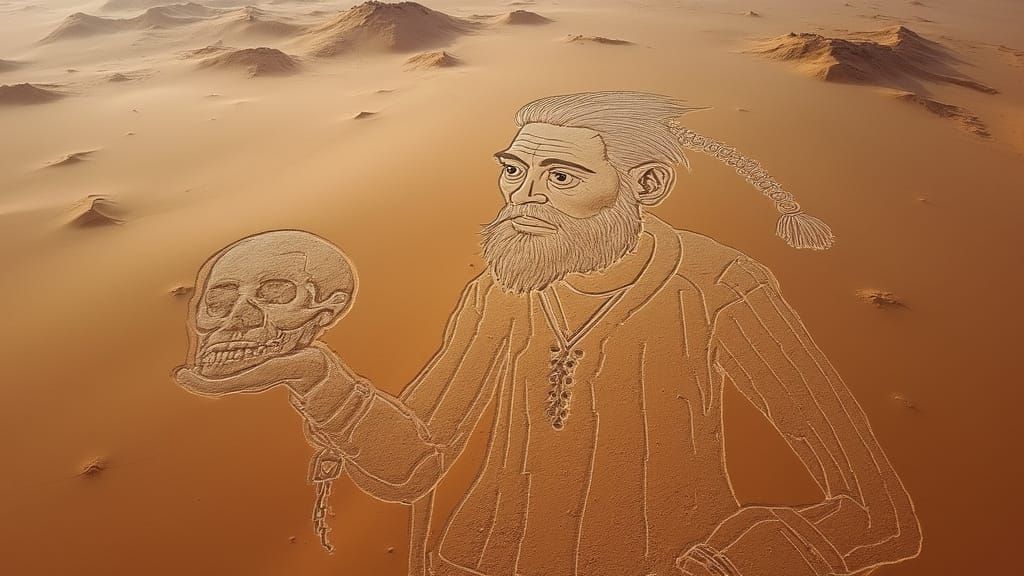 A vast desert region, featuring a massive geoglyph-style lin...