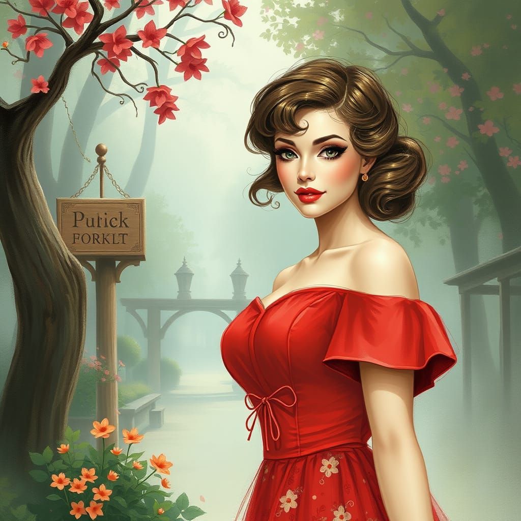 Woman in Whimsical Red Dress, Ethereal Fantasy Scene