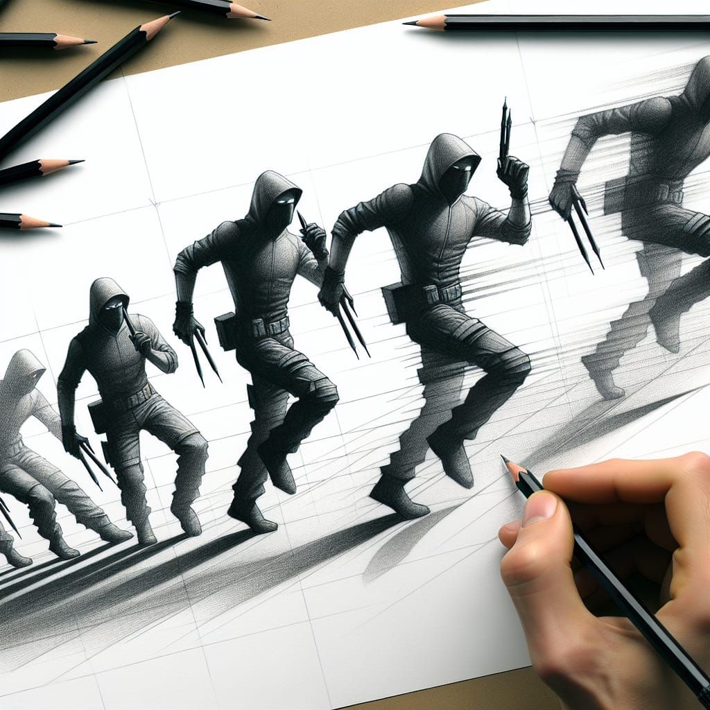 Stealth Figure in Motion: A Meticulous Graphite Illustration