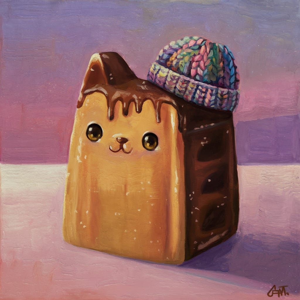 Cute Cat Treat in Manga-Style Acrylic Painting