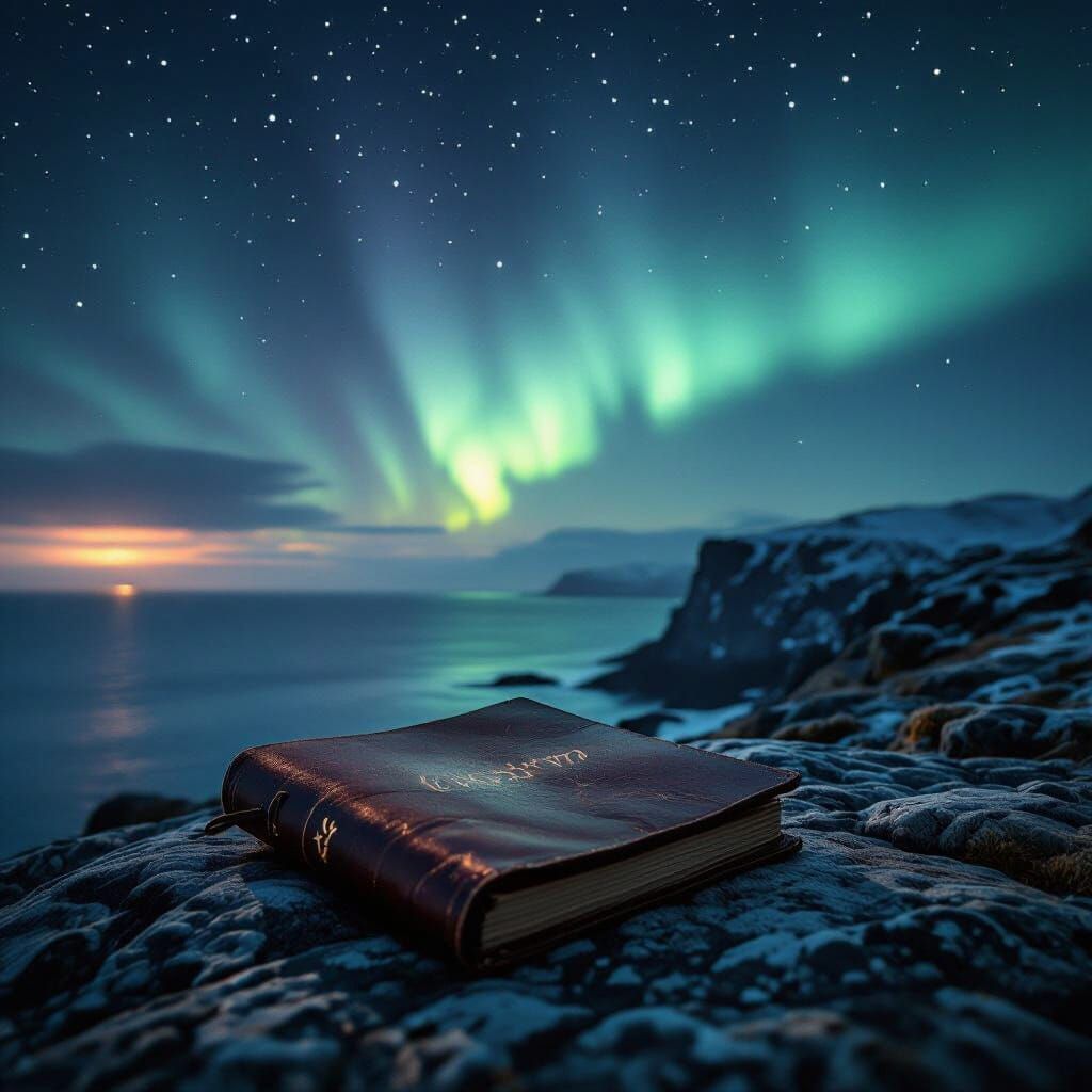 Leather Journal Under Aurora on Nordic Coast