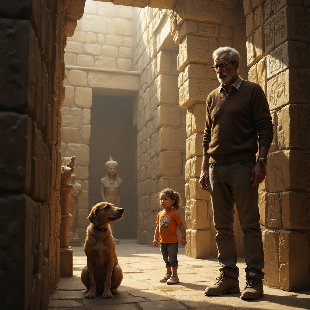 Child and Man Explore Ancient Egyptian Tomb