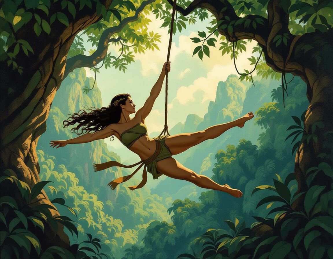 Michelangelo-Inspired Athletic Woman Swinging Through Jungle