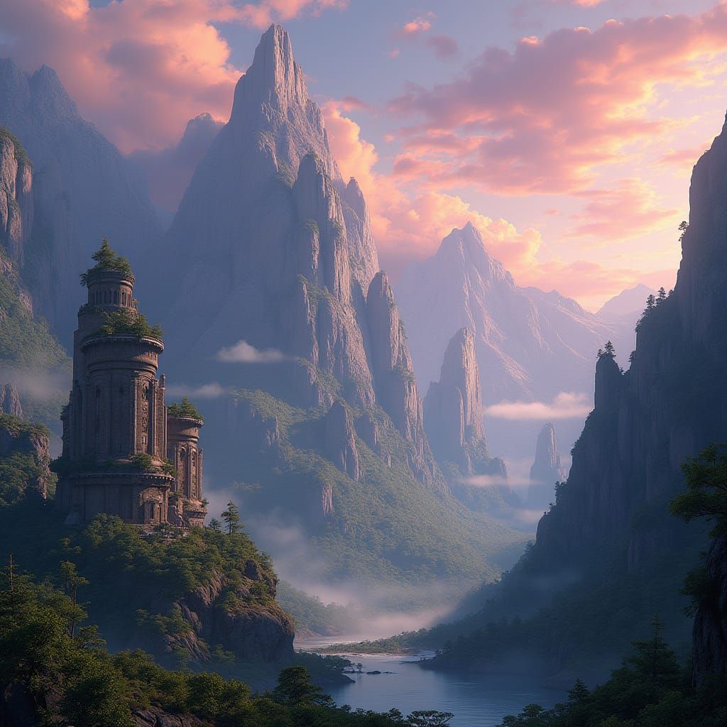Fantastical Landscape with Mountains and Architecture