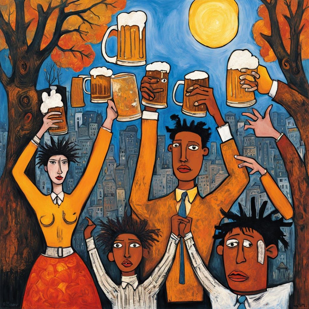 Primitivist Scene of People with Beer Mugs in Nature