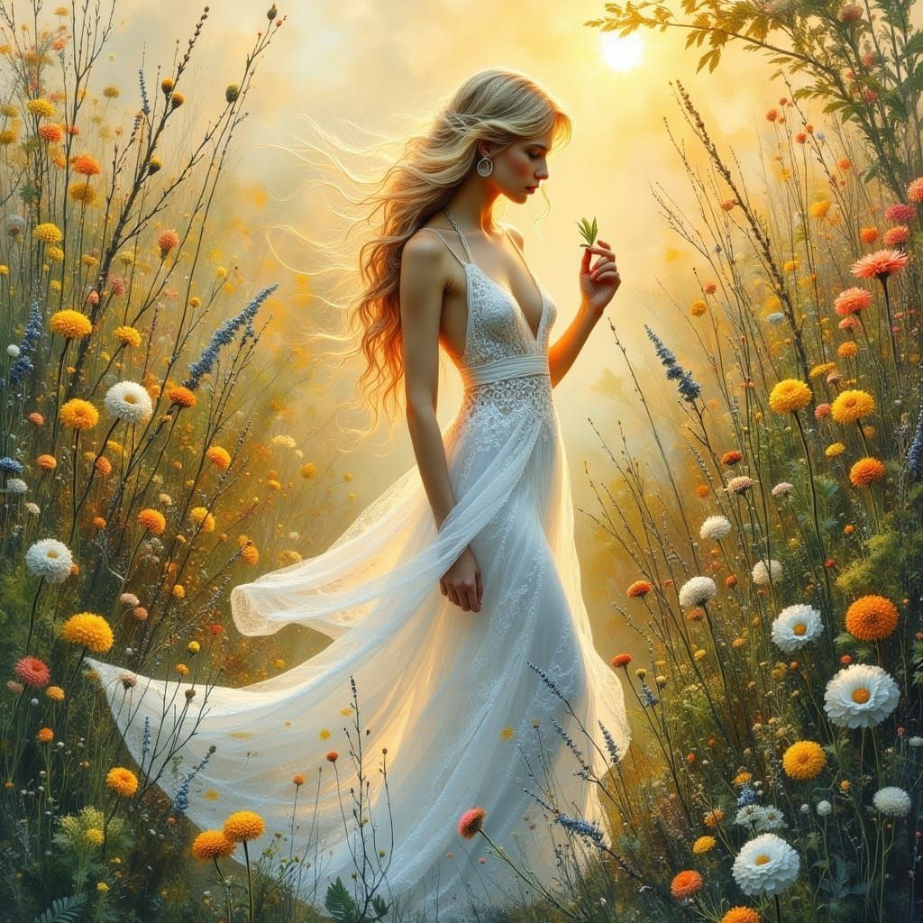 Woman Sowing Balm in Lush Garden as Dreamlike Watercolor