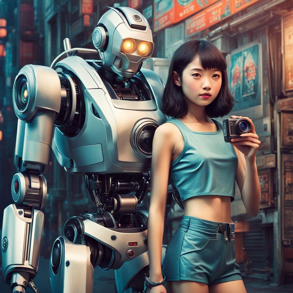 Cyborg and Girl Selfie in Cyberpunk Cityscape