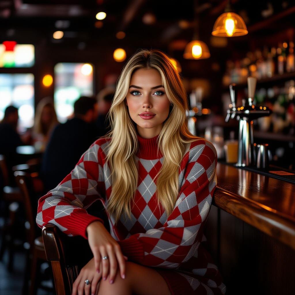 Blond Woman in Argyle Sweater at Crowded Bar