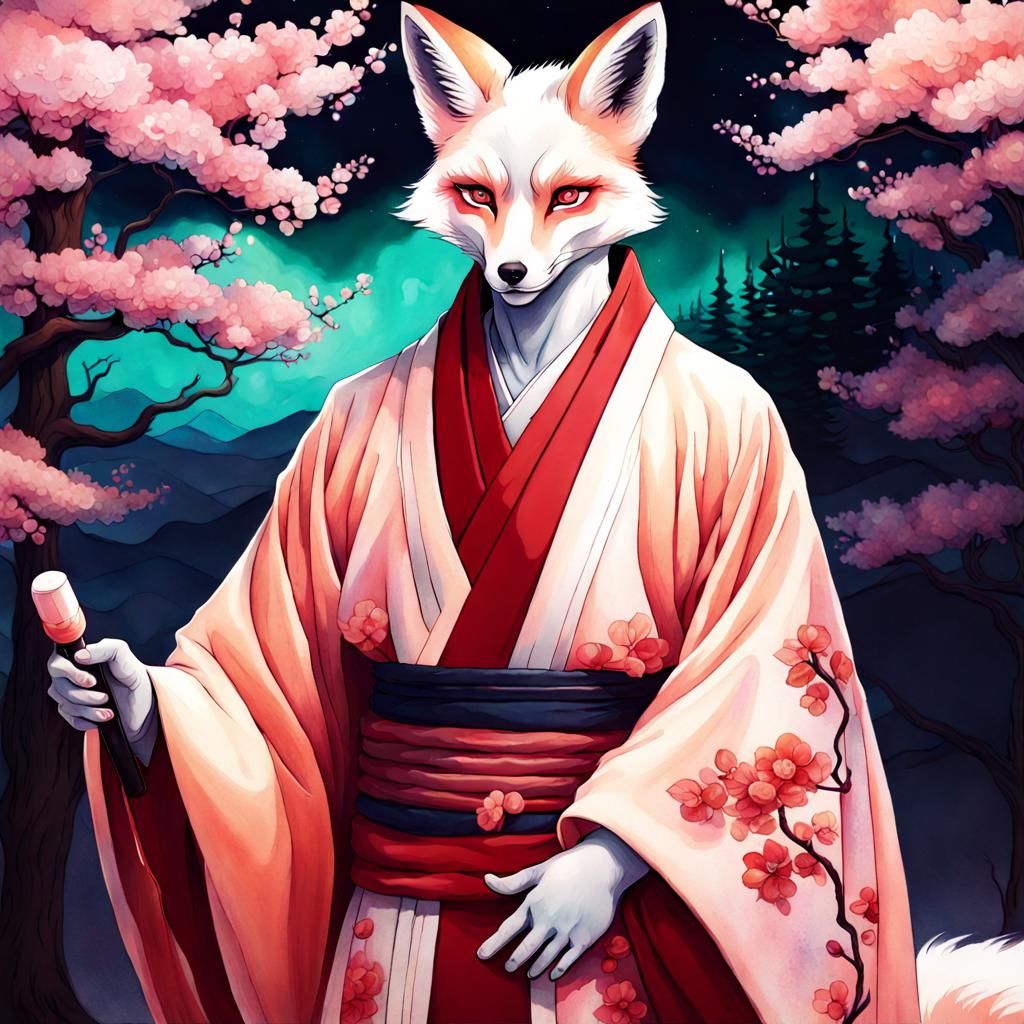 Kitsune Man in Gouache Style with Fox Eyes