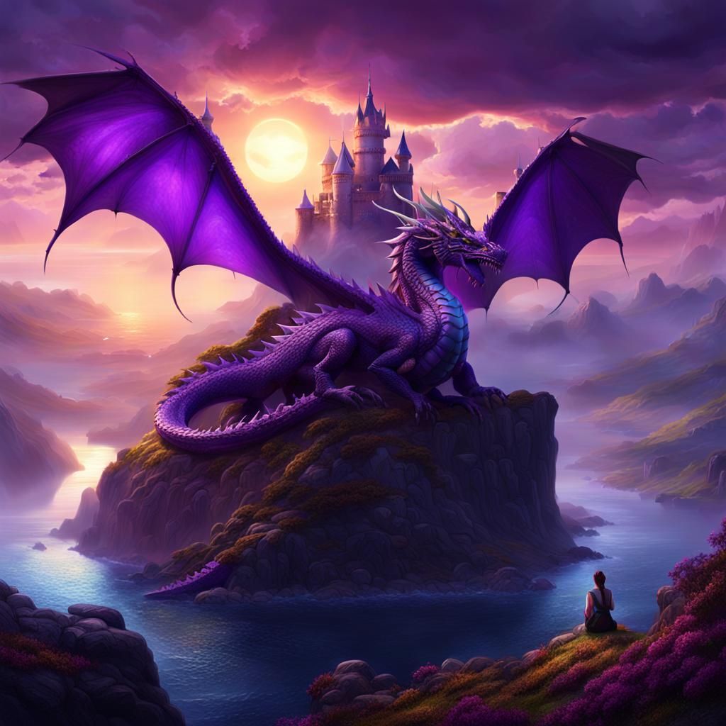 Majestic Purple Dragon Overlooking Fantasy Landscape