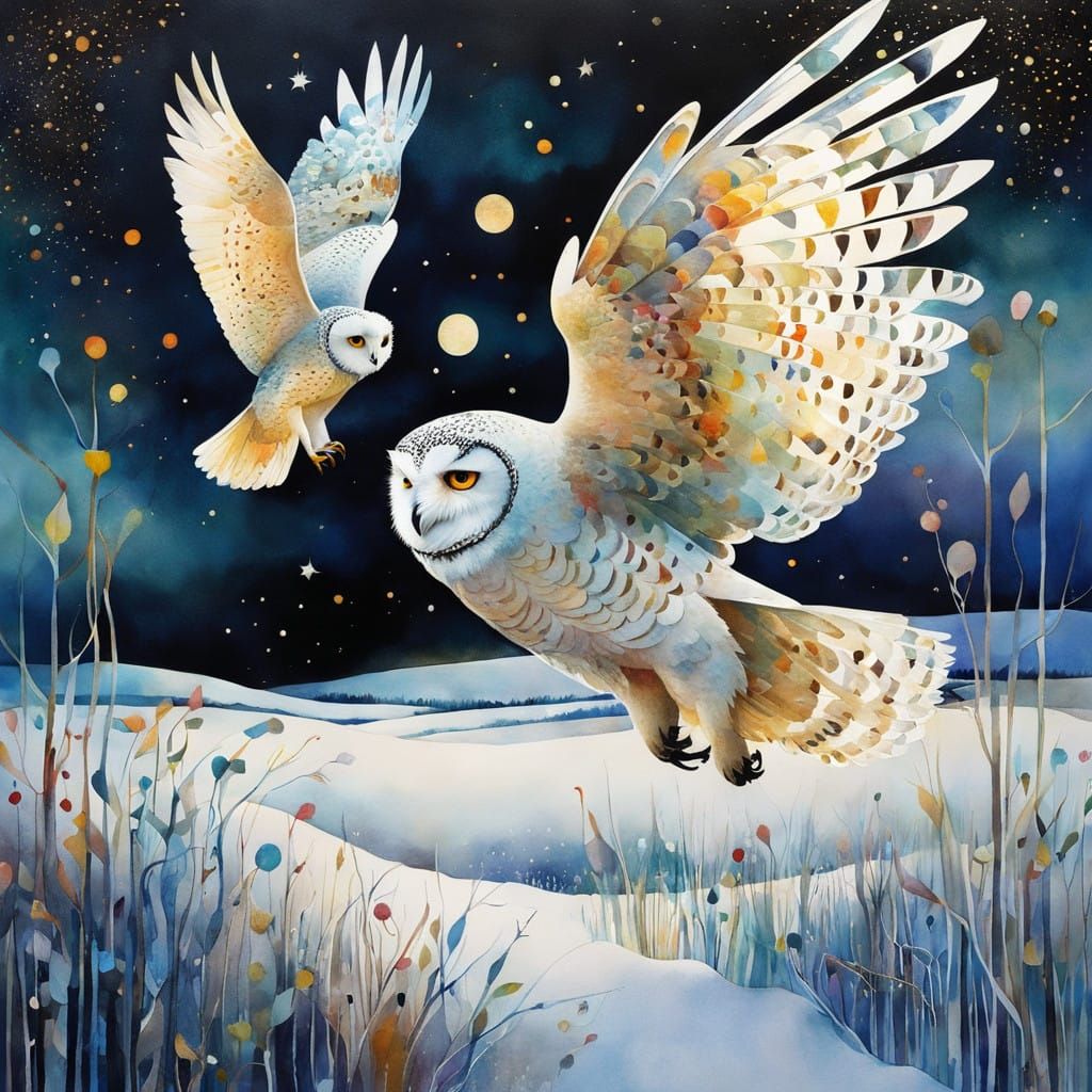 Surreal Watercolour Illustration of a Snowy Owl in a Whimsic...