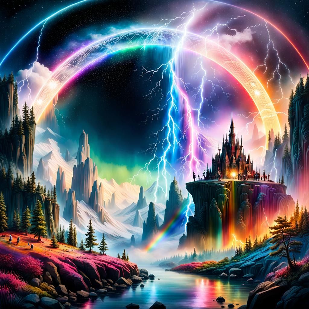 Miniature Rainbow World with Stars and Lightning