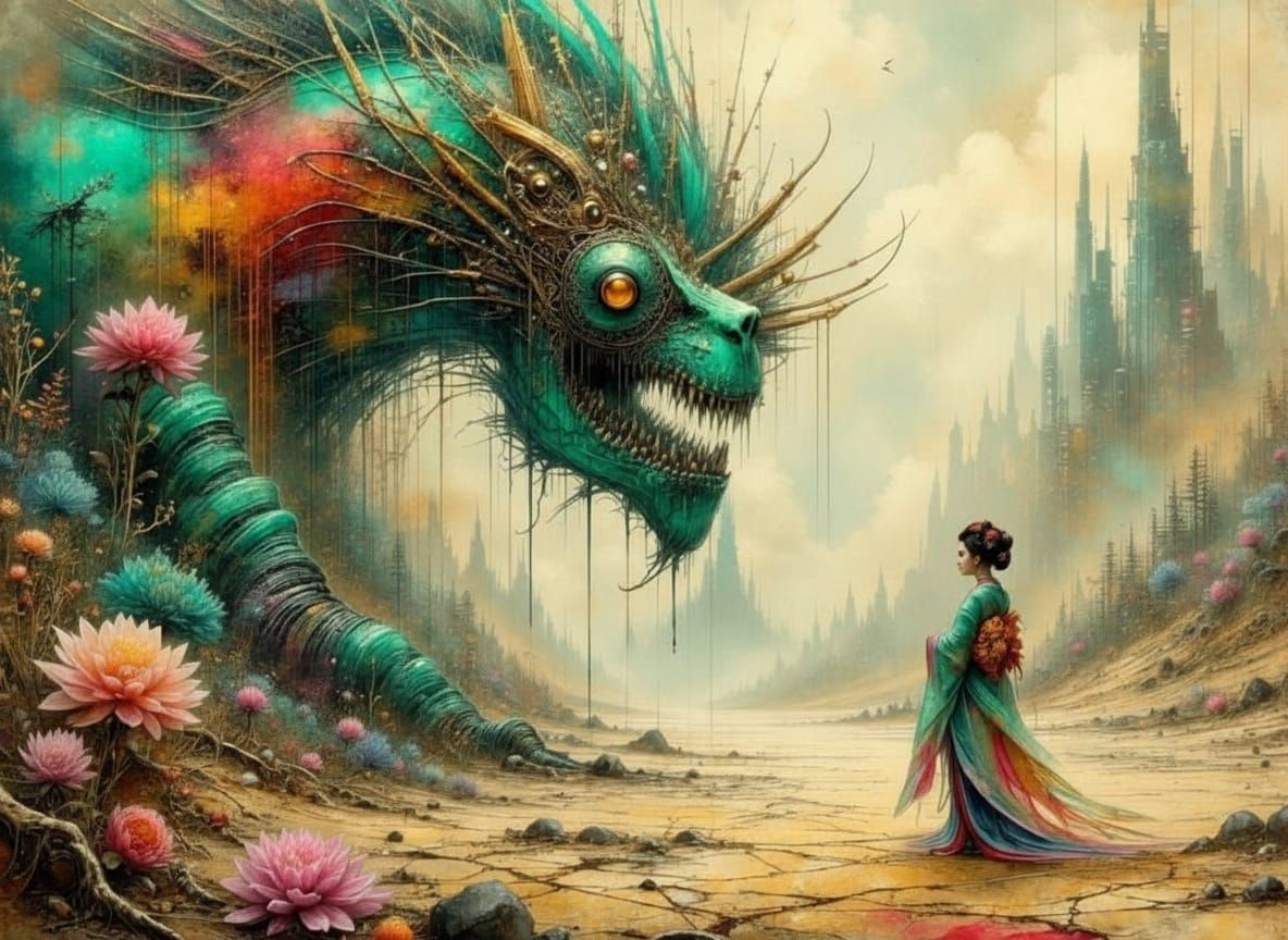 Surreal Geisha in Dystopian Landscape, Digital Art