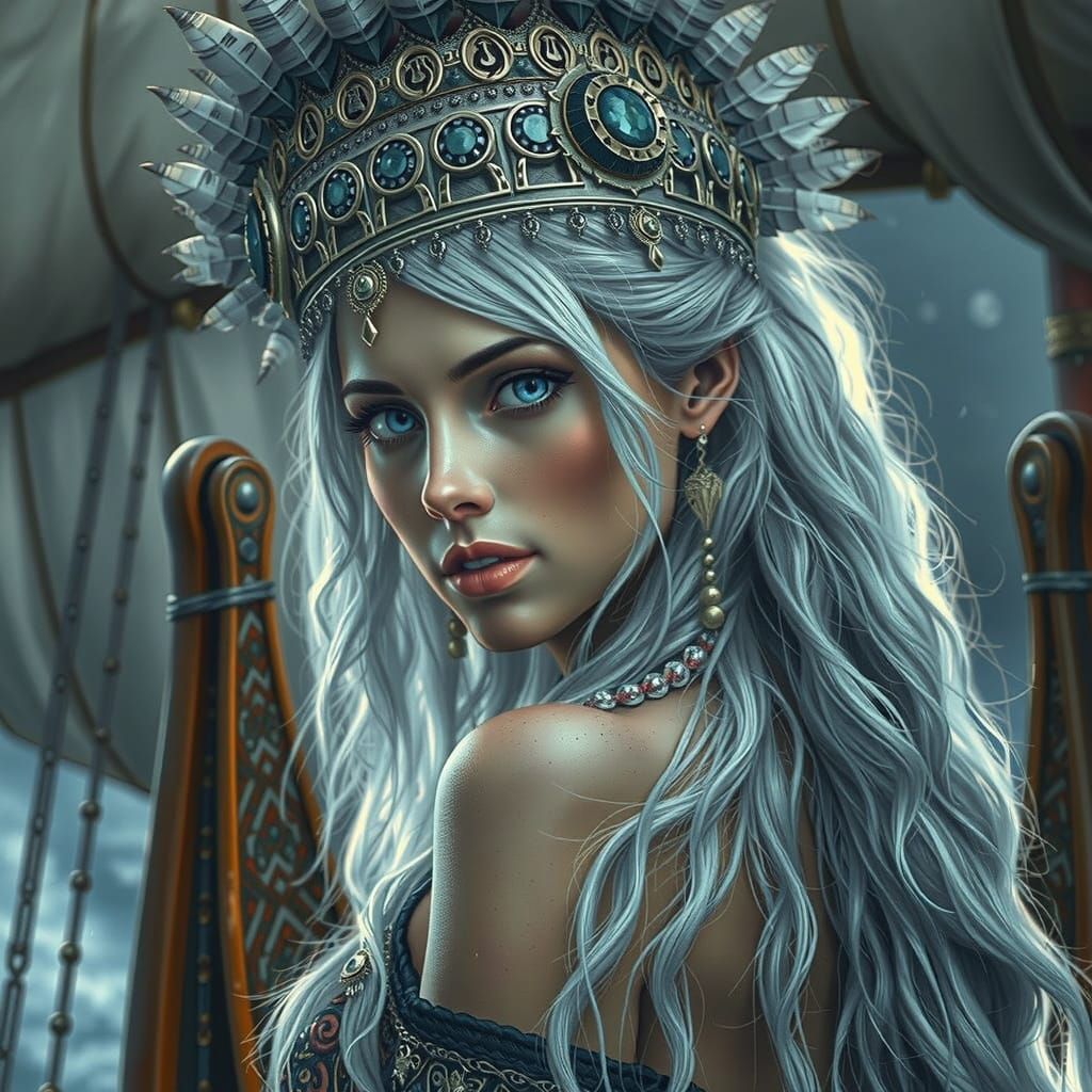 Hyper Realistic Valkyrie in Long Ship, Silver Hair and Blue ...