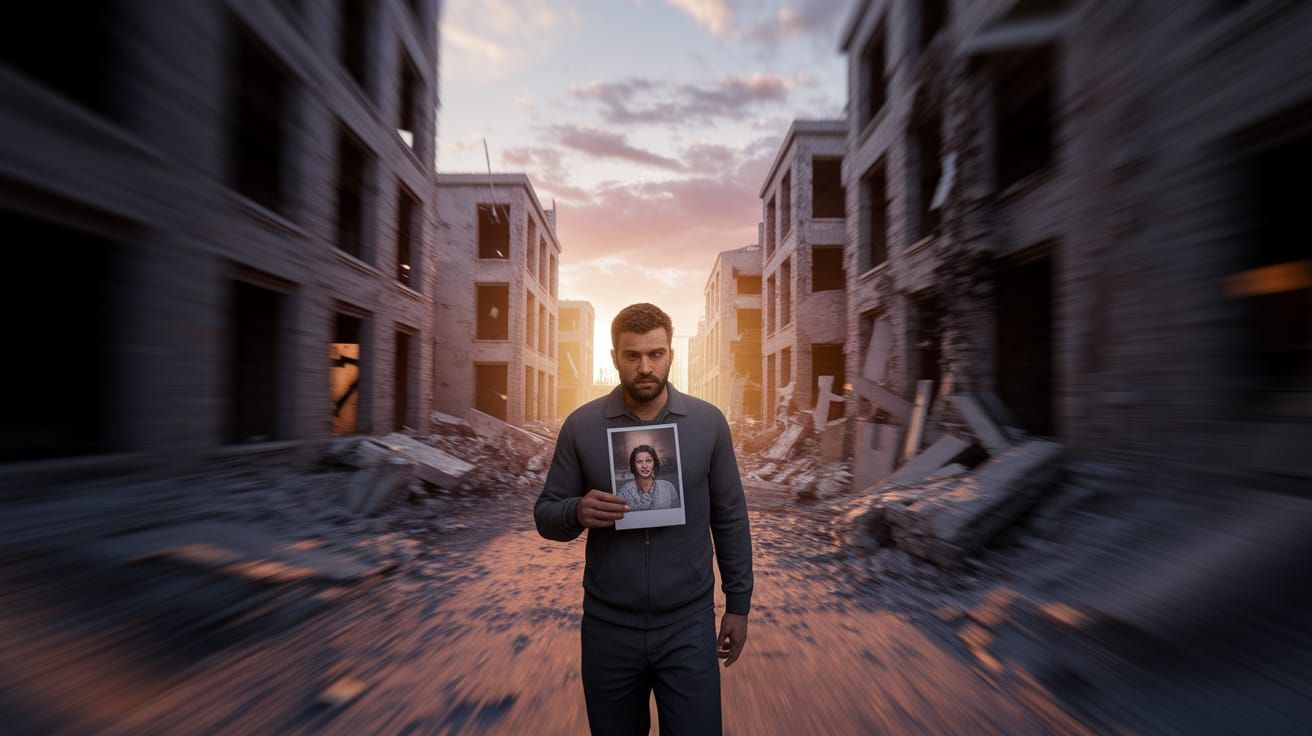 Ali Walks Through a War-Torn City at Sunset, Holding a Famil...