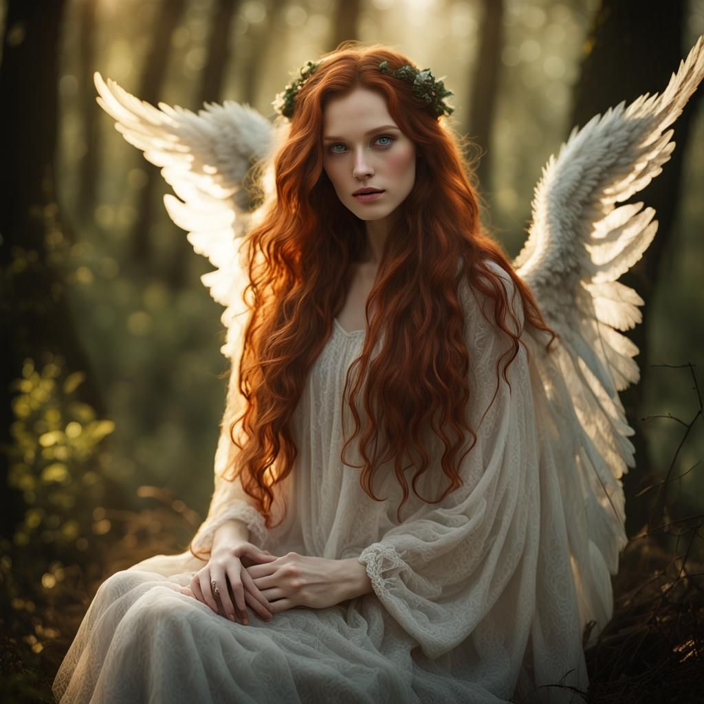 Beautiful Old Angel with Green Eyes in Misty Woodland