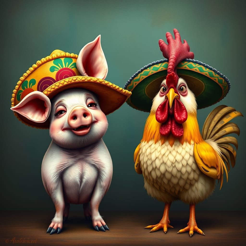 Pig and Chicken Wearing Sombreros
