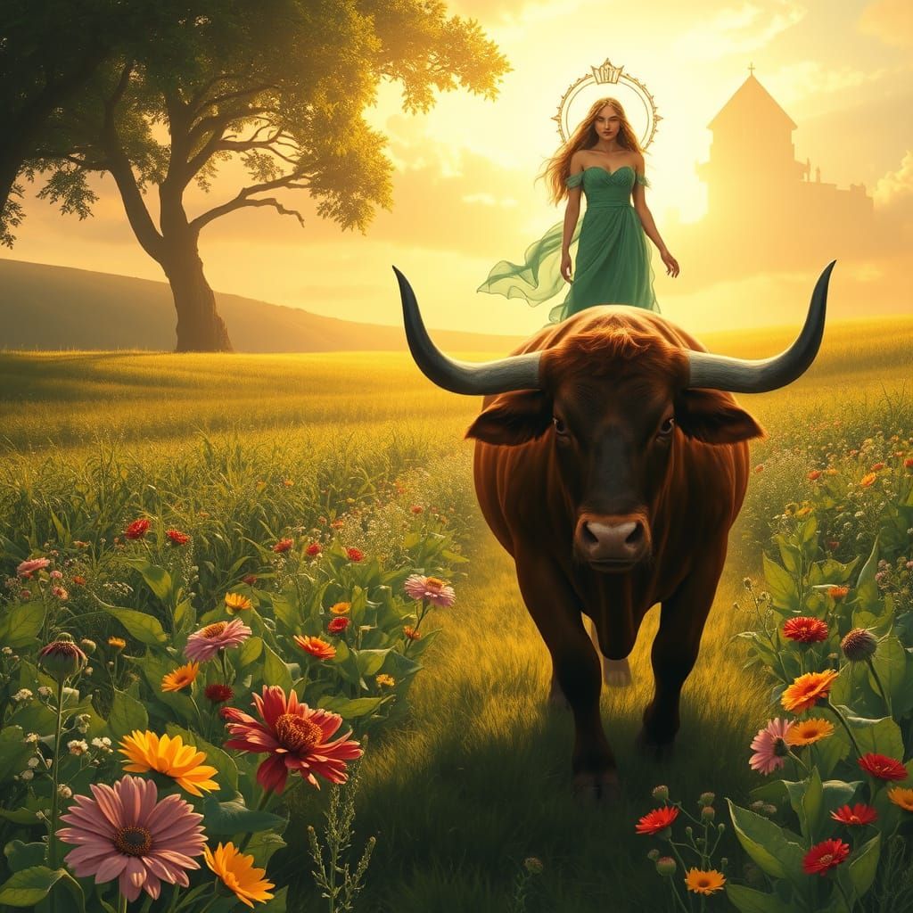 Goddess of Love Amidst Lush Fields in Whimsical Art Style