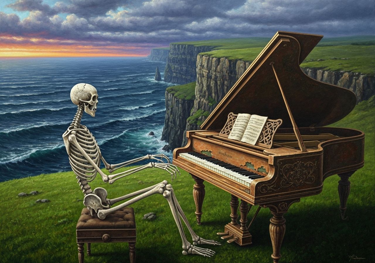 Skeleton's Seaside Piano Serenade: A Surreal Oil Painting