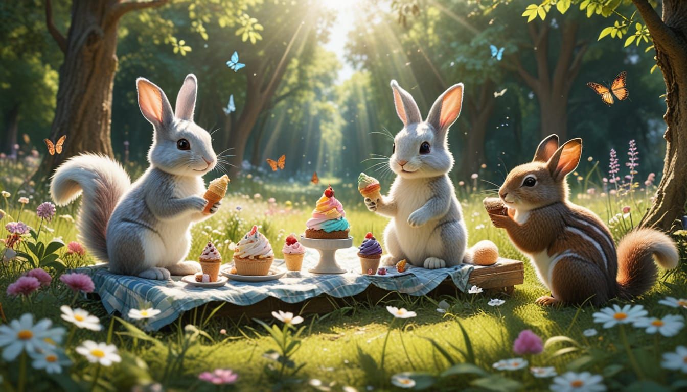 Whimsical Animal Picnic with Ice Cream in Meadow