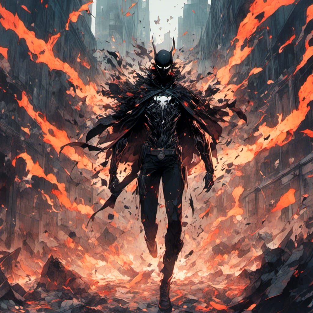 Menacing Superhero Landing in Destroyed City