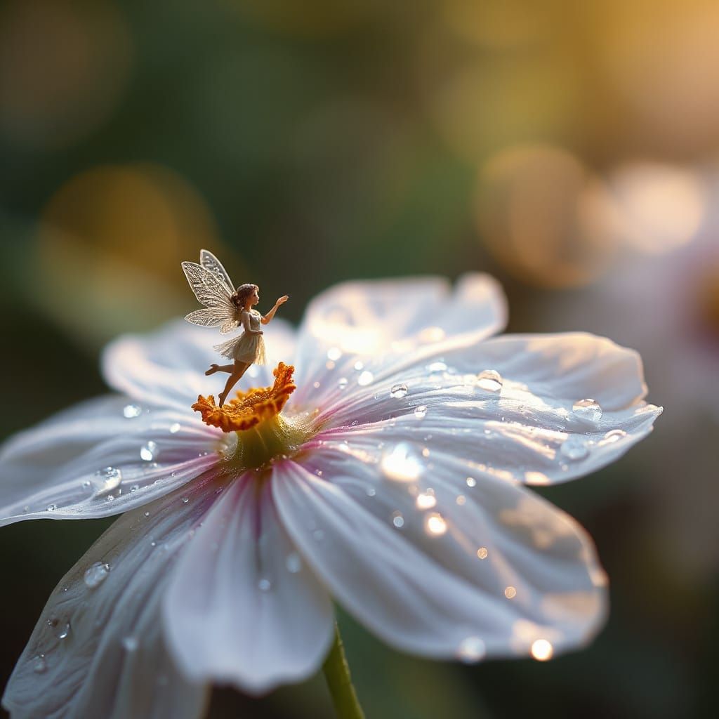 Mystical Flower with Dancing Fairies and Diamond Dewdrops