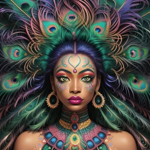 Rainbow Woman with Peacock Feathers in Fauvist Style