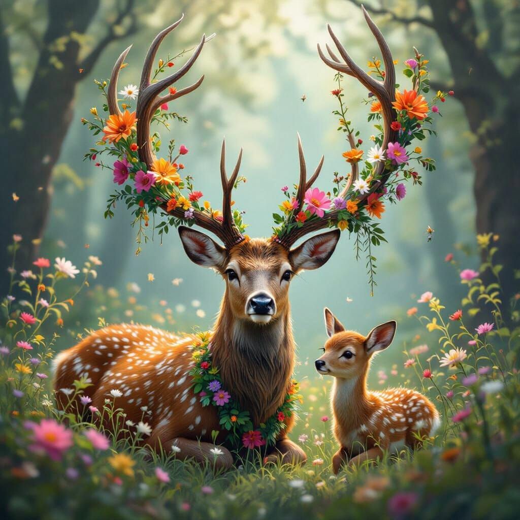 Floral Antler Deer and Fawn in Dreamlike Forest