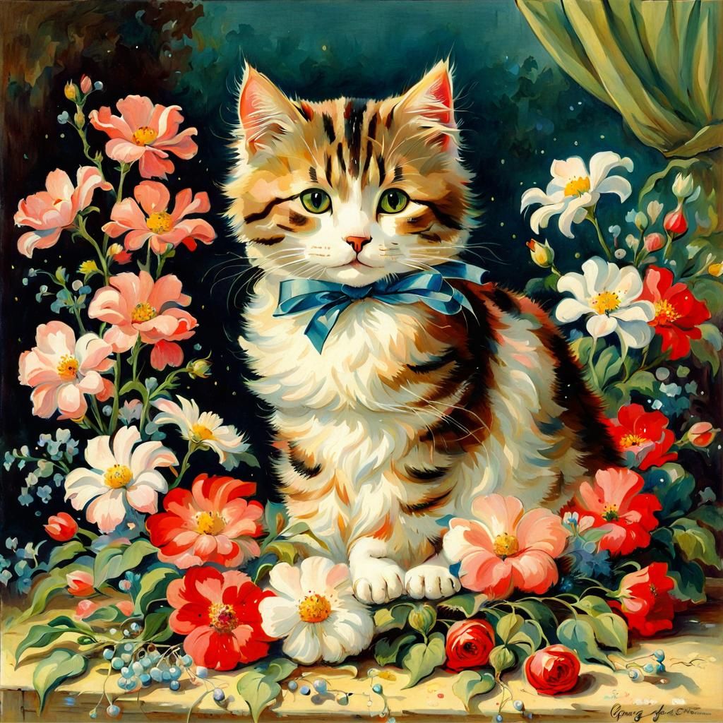 Cat with Flowers in Art Nouveau Style