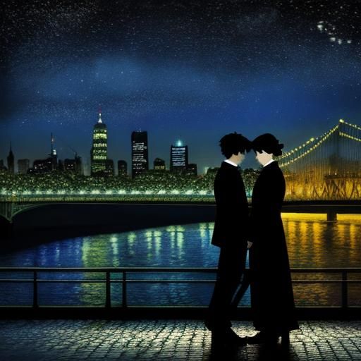 Couple Silhouette on Bridge in Van Gogh Style