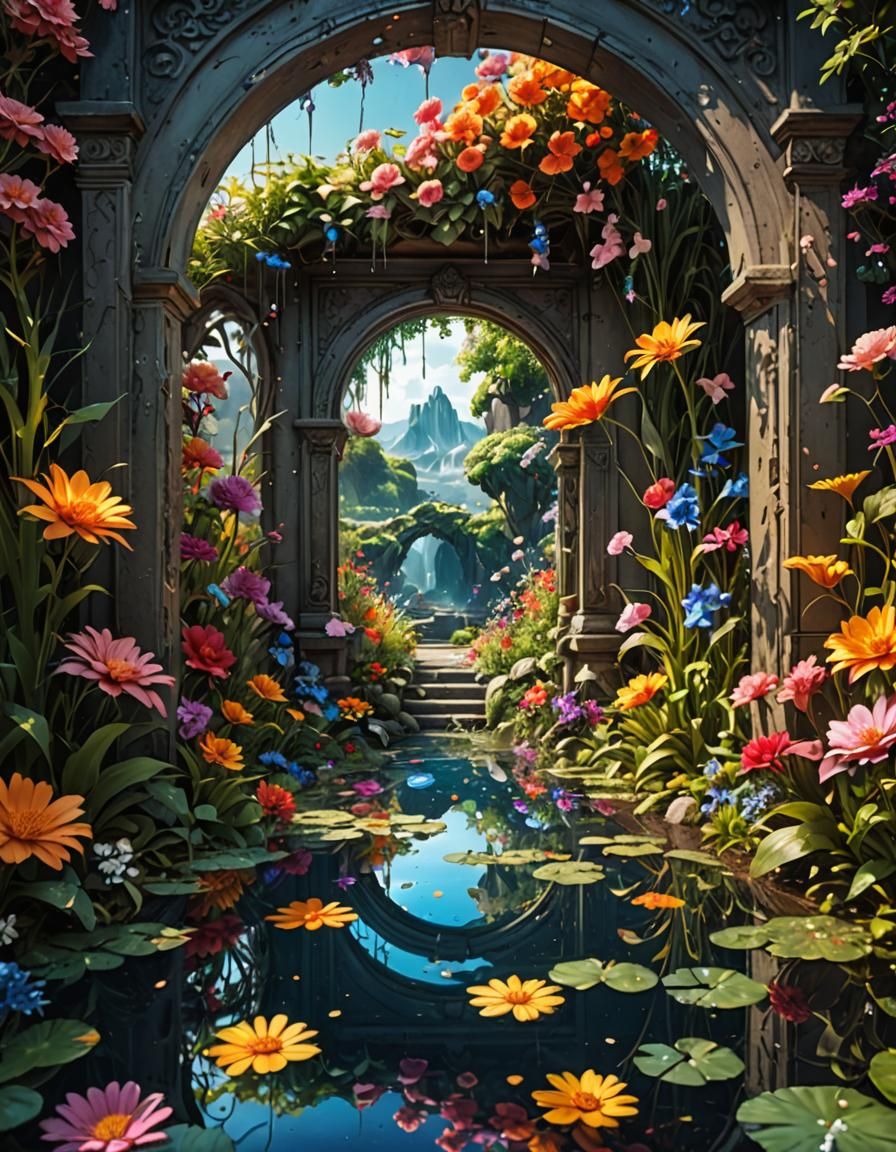 Surreal Garden Portal to Anime Water World