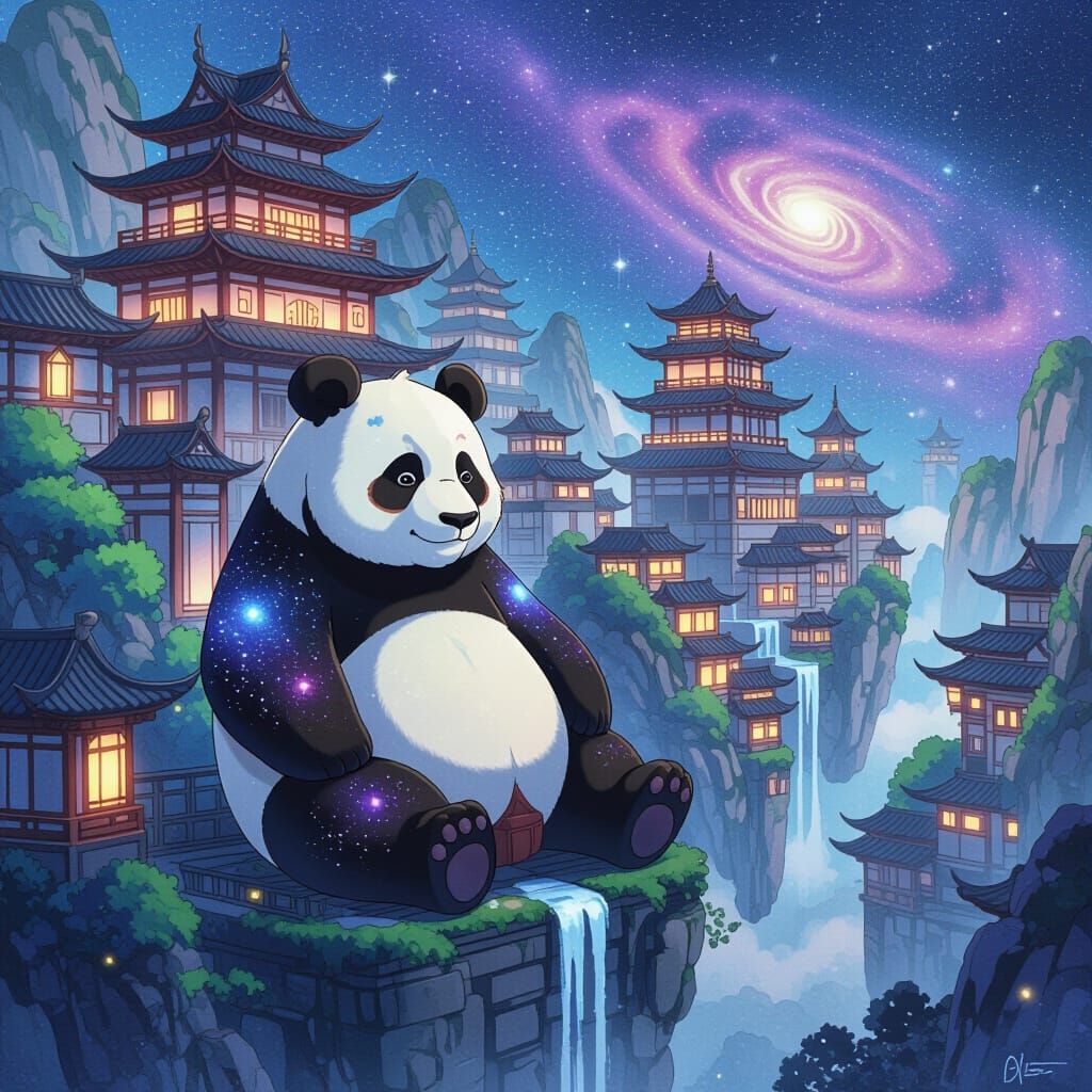 Majestic Panda in Ancient Floating City Among Stars