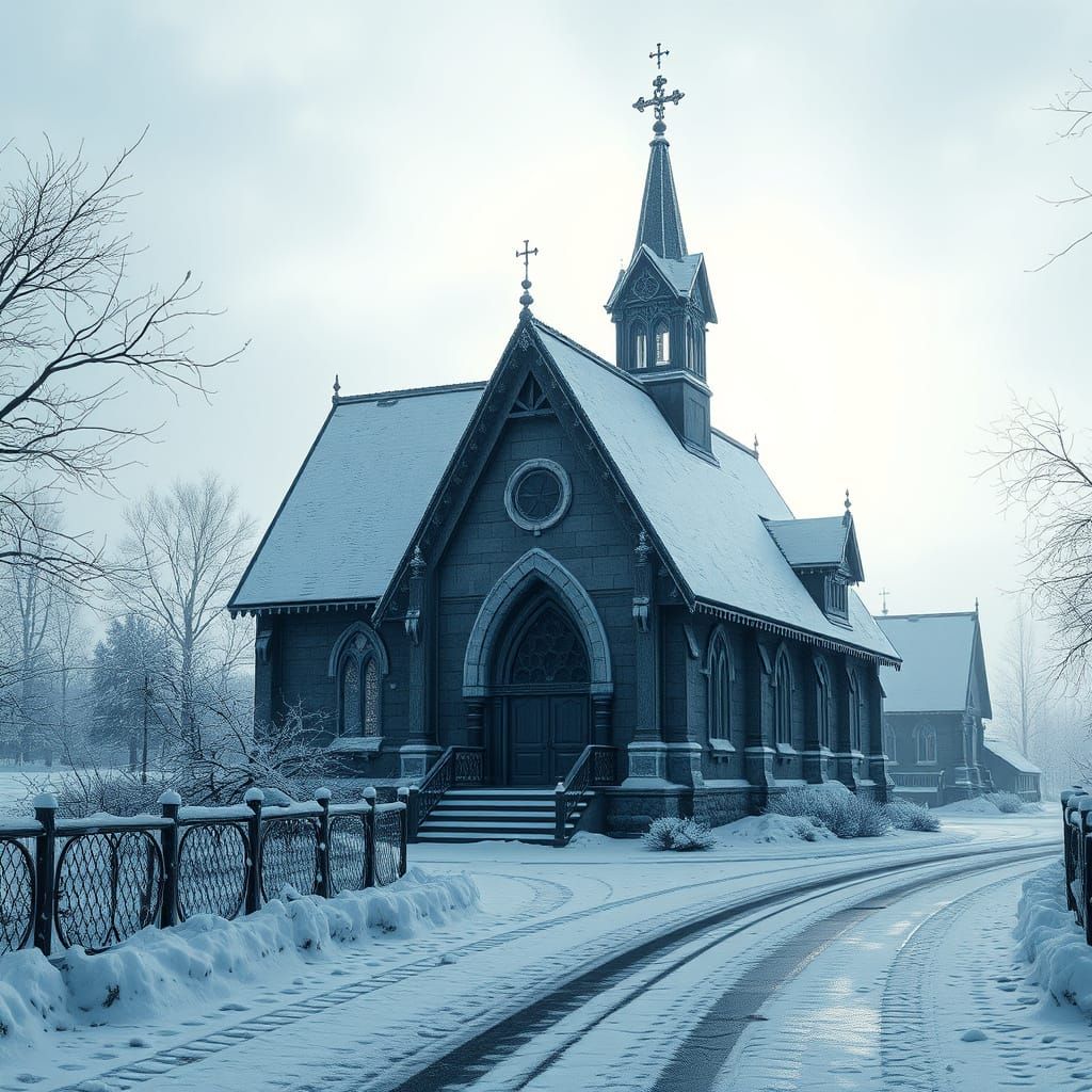 Futuristic Gothic Church in Snowy Village