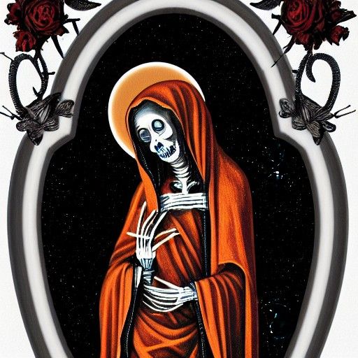 Skeleton Virgin Mary with Roses and Calligraphy