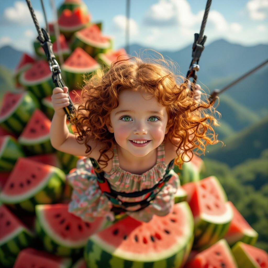 Girl Ziplining Towards Watermelon Mountain