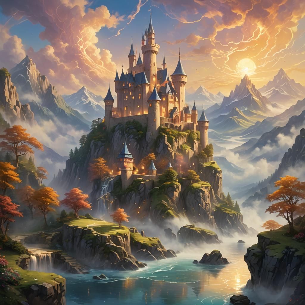 Floating Castle Amidst Magical Energy: Digital Painting