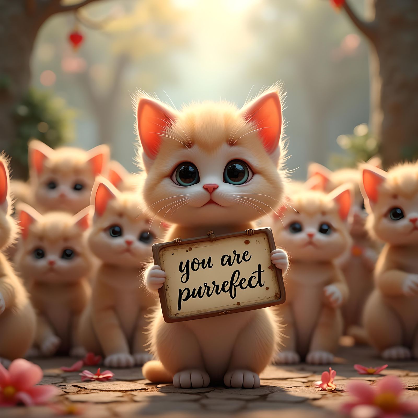 cute animated kitten with big eyes,  holding up a sign sayin...