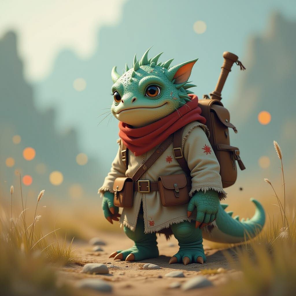 Lonely Monster in Bokeh Landscape, Moebius Style